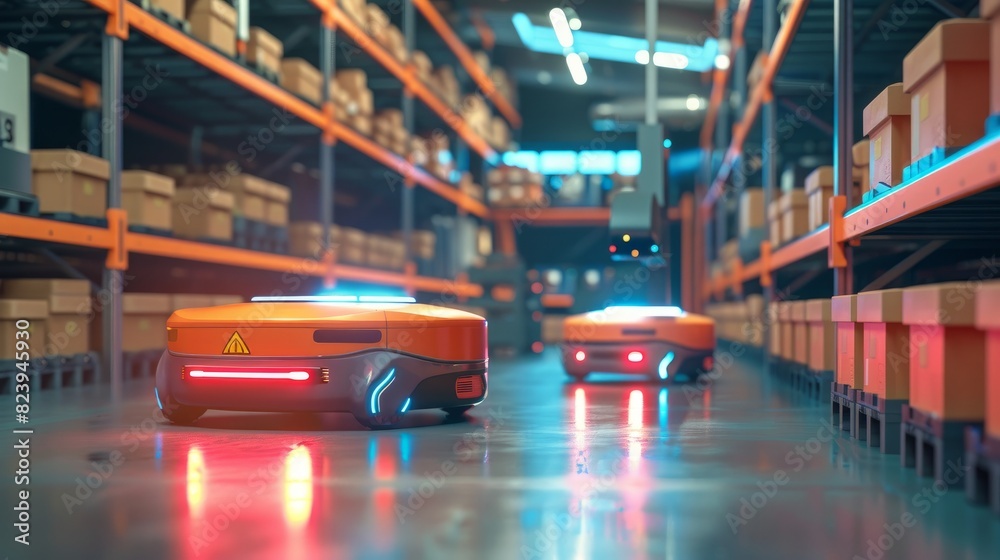 A robotic arm zips through a smart warehouse, delivering an order box