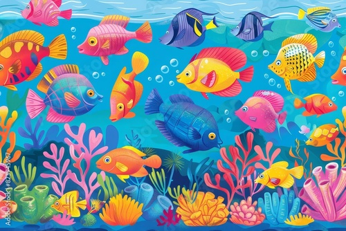 colorful repeating border with tropical fish and coral reef childish underwater sea life pattern digital art