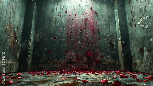  Red petals litter the floor, while light illuminates both the floor and walls