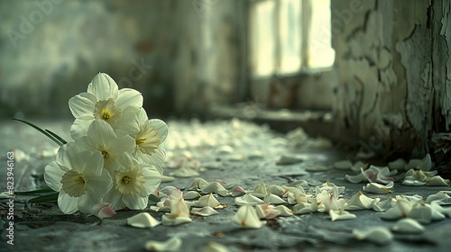   A cluster of white blossoms resting atop a floor near a dilapidated masonry wall within an forsaken edifice photo