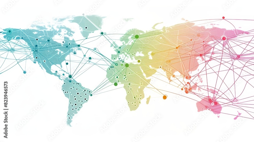 Fototapeta premium A global map showcasing vibrant network connections and data lines, emphasizing global connectivity and digital communication.