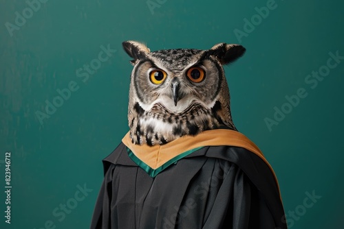 A photo of a wise-looking owl in a graduation gown, posing with one wing extended as if giving a speech, isolated on a solid green background, capturing the owl's authoritative presence. photo