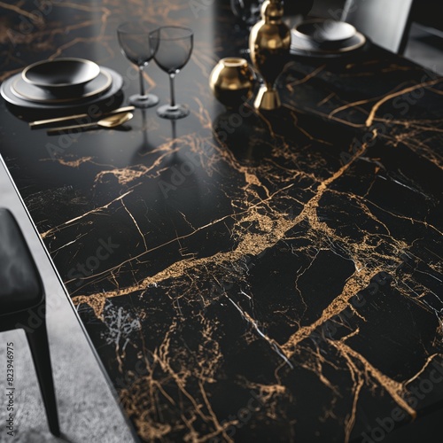 A dining table surface made from a single, exquisite slab of Port Laurent marble, its black background and golden veining offering an opulent dining experience. photo