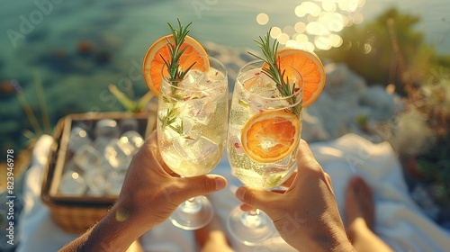   Two people holding up wine glasses with orange slices and rosemary garnish on top of them, overlooking the ocean photo