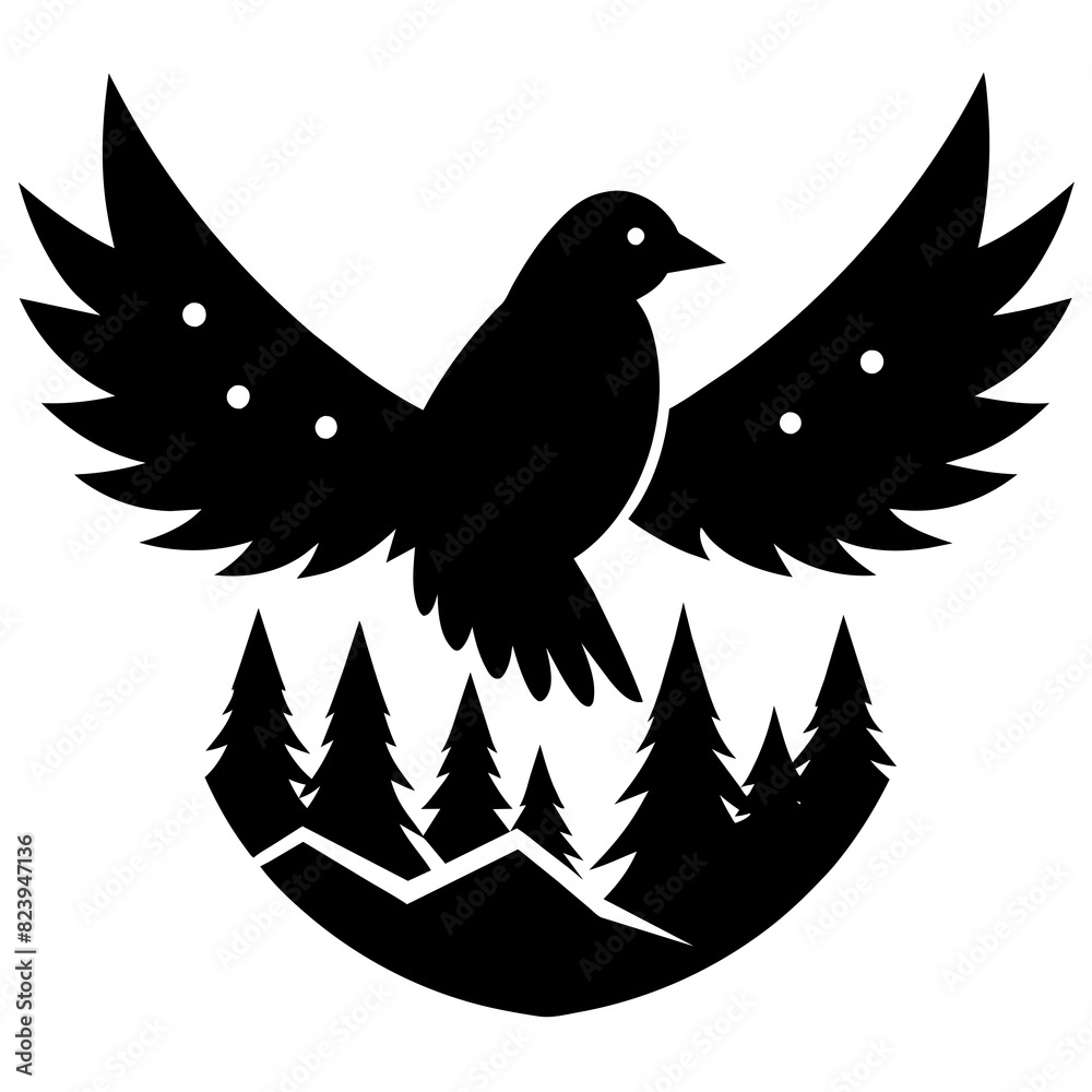 Obraz premium A bird flying over forest mountains and sky vector silhouette 