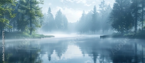 Tranquil Morning A Foggy Lake Reflecting the Surrounding Forest in Calm Serenity