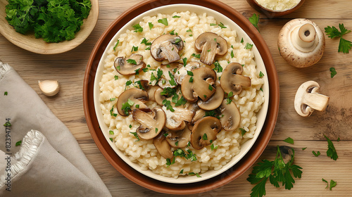 Bowl of creamy risotto with mushrooms and chopped herbs on a wooden table, shown from a slight angle in top view as a closeup shot. 