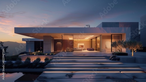 Contemporary Entrance. Luxury Modern Home Exterior at Sunset with Glowing Interior Lights