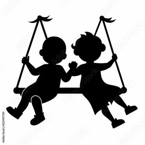 Vector silhouette of two cute siblings swinging on a field