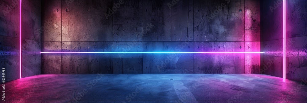 Futuristic Wall. Abstract 3D Rendering of Dark Room with Neon Lights on Concrete Background Futuristic Wall. Abstract 3D Rendering of Dark Room with Neon Lights on Concrete Background