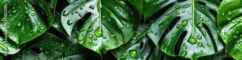 Large Leaves: Monstera Pinnatipartita, Siam Monstera with Hollow Veins, Rainy Day in Garden photo