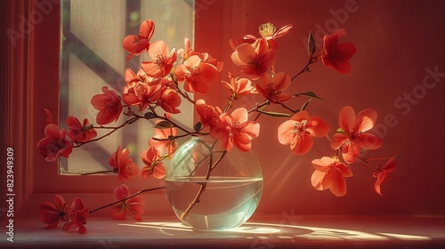  A red vase holding flowers sits on a window sill alongside a glass vase filled with red flowers