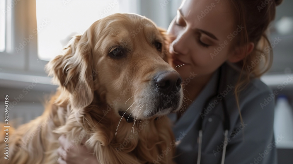 golden retriever dog and female veterinarian in the clinic golden retriever dog and female veterinarian in the clinic