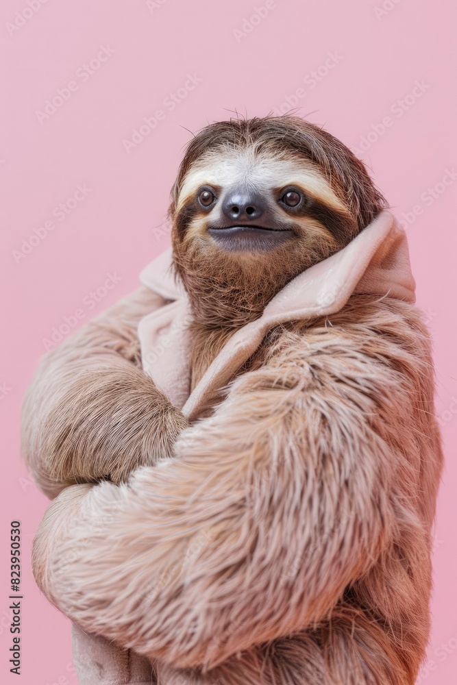 A cool photo of a sloth in classic vintage clothes, leaning casually on one arm, isolated on a solid light pink background, exuding charm and character. A cool photo of a sloth in classic vintage clothes, leaning casually on one arm, isolated on a solid light pink background, exuding charm and character.