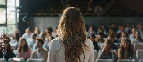 young woman presenting at conference to an audience