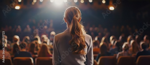 young woman presenting at conference to an audience