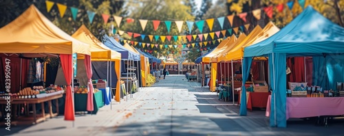 AAPI Heritage Month craft fair featuring Asian American artisans selling traditional crafts, set in a local market with copy space available on market tents