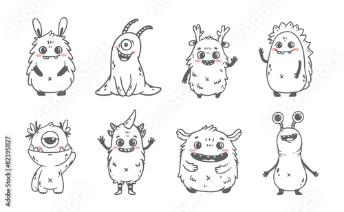 set of cartoon monsters. Cute monsters in doodle style. Kids funny character design for posters, cards, magazins. Line. Vector illustration