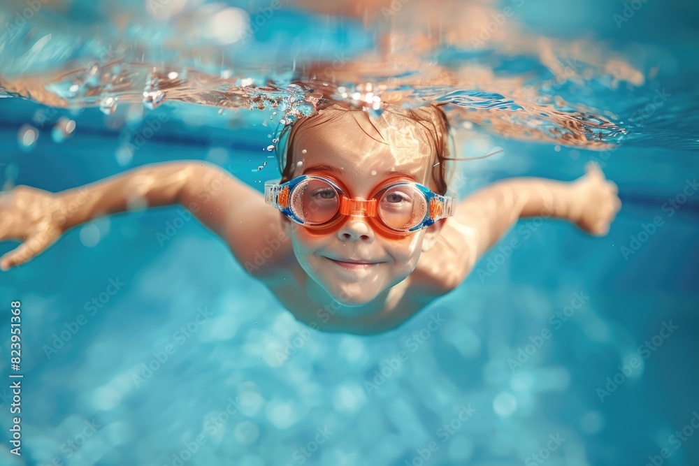 Fototapeta premium Kids With Water. Fun Family Swimming Lesson - Child Diving, Swimming and Splashing in Blue Pool