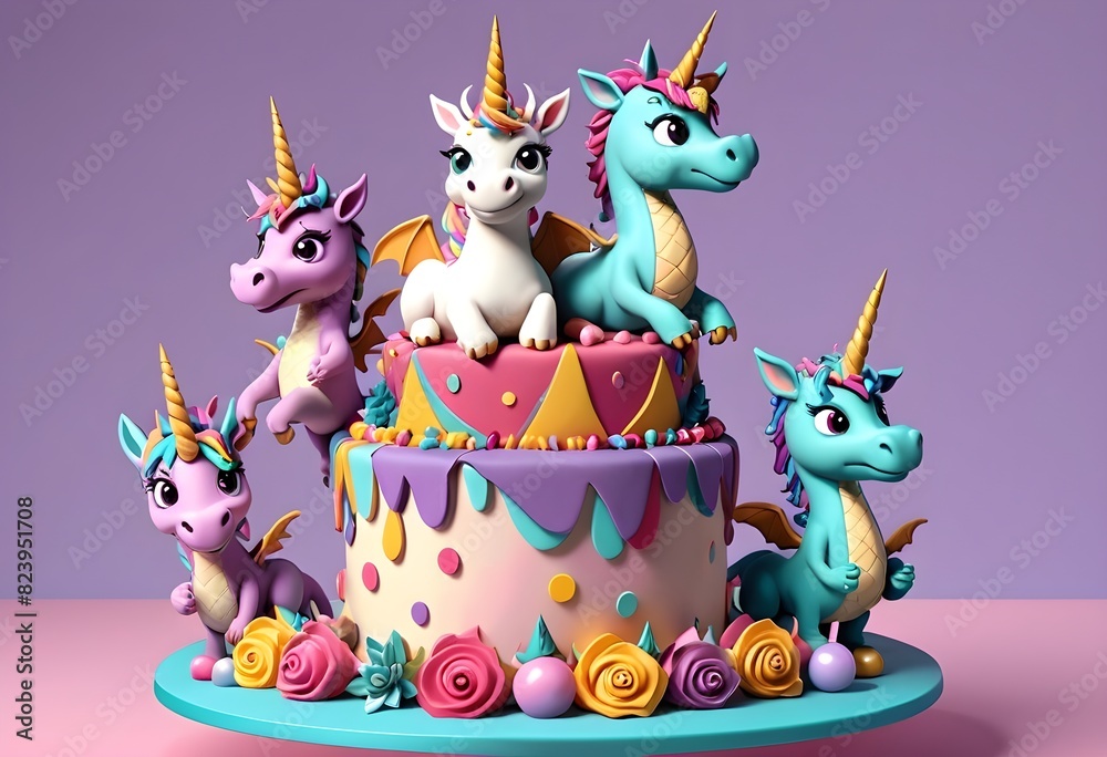 Fototapeta premium Happy birthday cake magical cute mini chracter playful background