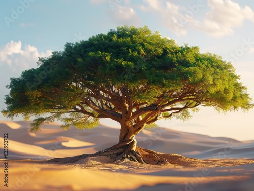 tree in a desert with sand dunes