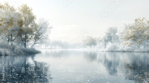 Tranquil Lakeside Reflections A serene D rendering of a peaceful lake at dawn © Sittichok