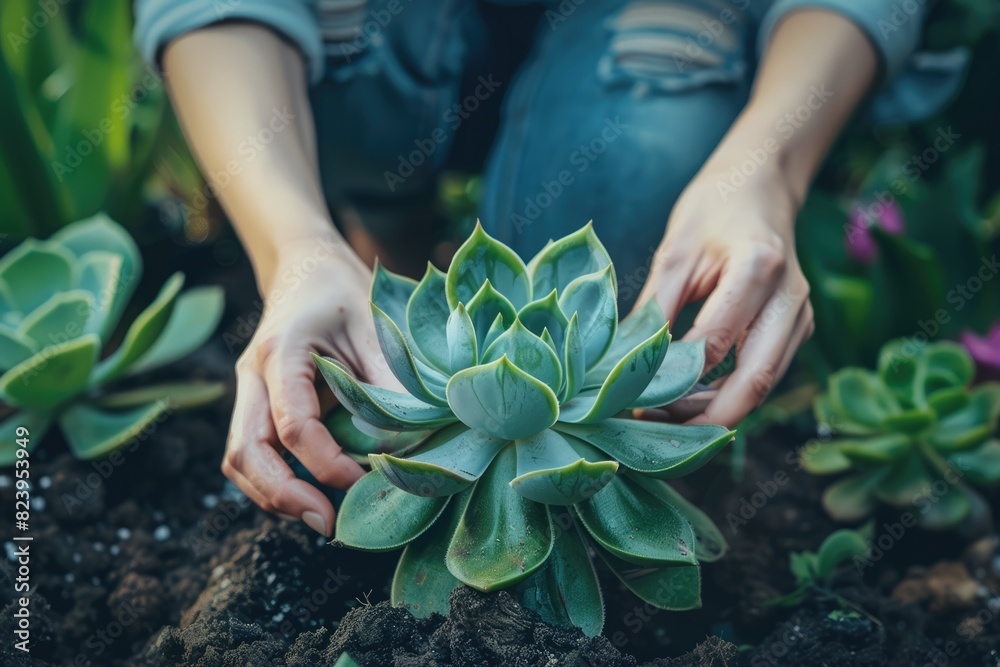 Succulent Gardening: Woman Carefully Transplanting Plant at Home