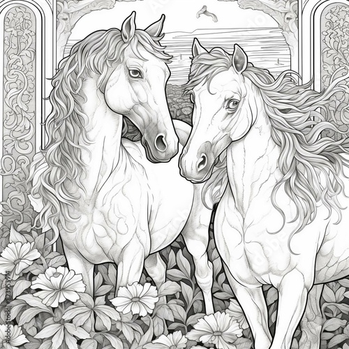 Art Nouveau Horse Coloring Page  Intricate Equine Design for Relaxation