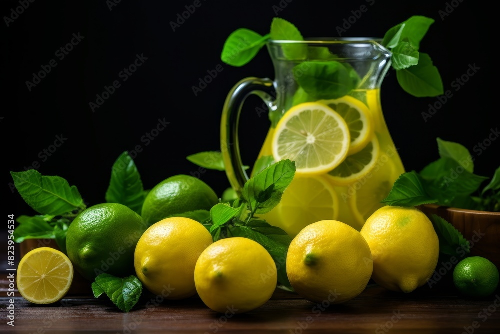 Refreshing lemonade in glass jar with lemon slices and fresh mint against summer backdrop