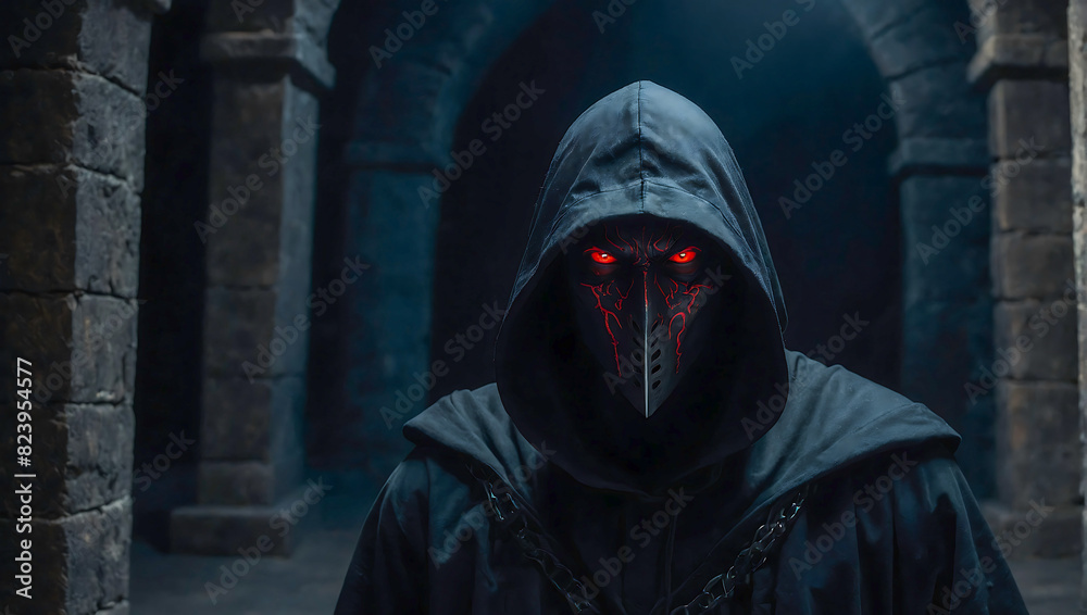 Portrait of a mysterious figure that stands in a dark dungeon wearing a black hood his glowing red eyes staring at the viewer
