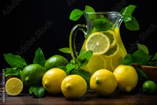 Refreshing lemonade in glass jar with lemon slices and fresh mint against summer backdrop