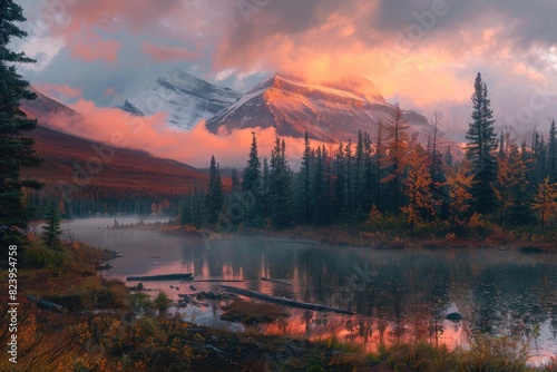 Autumn Glow in Jasper National Park: Rocky Mountains and Forest Landscape at Sunrise photo