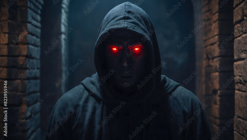 Portrait of a mysterious figure that stands in a dark dungeon wearing a black hood his glowing red eyes staring at the viewer