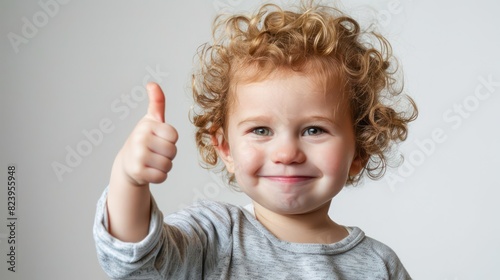 baby toddler giving a thumbs up on white background