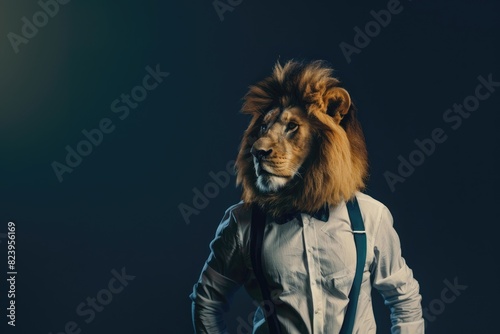 A striking image of a lion dressed in retro clothing, including suspenders and a bow tie, standing proudly against a solid navy blue background, exuding a cool and stylish vibe.