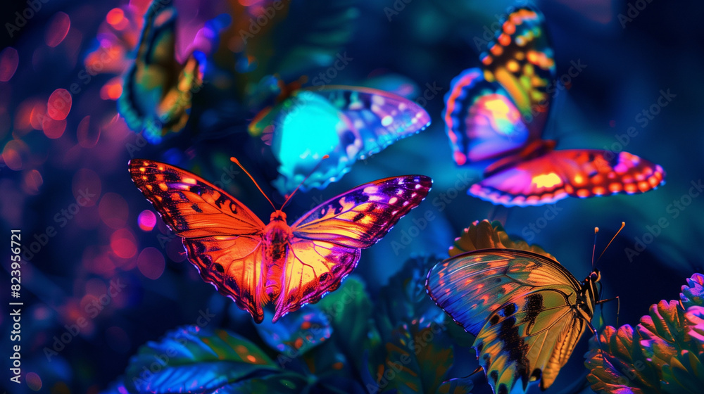 Beautiful butterflies neon colored in different poses Beautiful butterflies neon colored in different poses