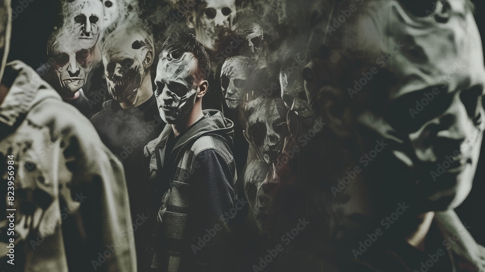 A haunting visual of people in dark, skull-like masks, creating a chilling and macabre ambiance. A haunting visual of people in dark, skull-like masks, creating a chilling and macabre ambiance.