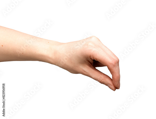 Pinch hand, finger isolated thumb. Pick hold female woman, white gesture sign. Card small something, forefinger little skin arm holding. Salt grip business tip thin blank tiny closeup empty tactile photo