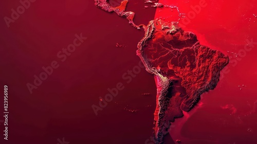 South America view from the space with mountains reliefs on red colors photo