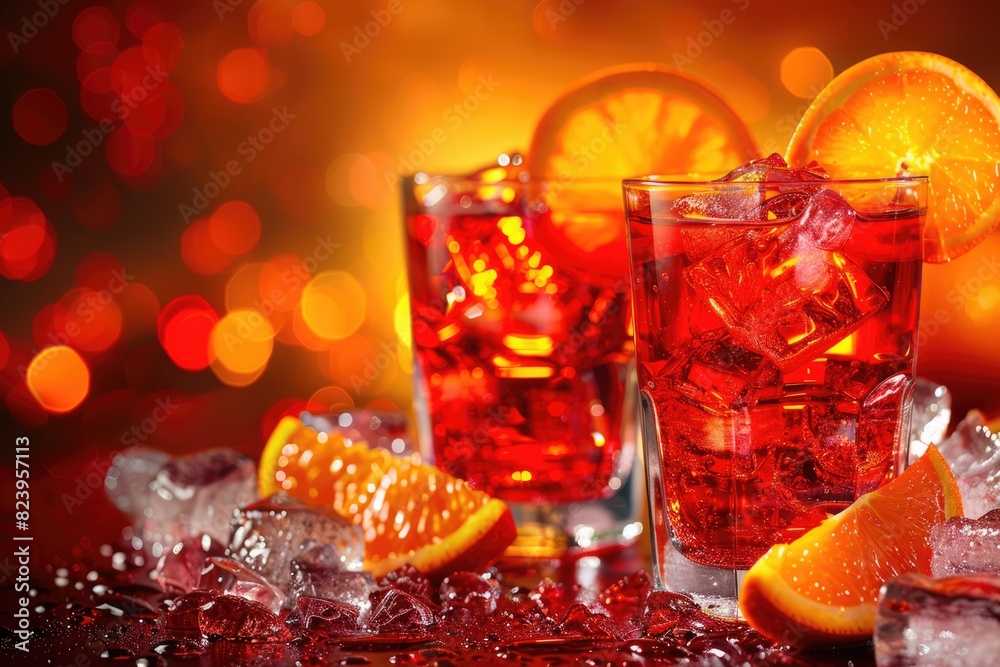 Bar Top Cocktail. Negroni Cocktail with Gin and Citrous Over Ice in Red and Orange Glasses Bar Top Cocktail. Negroni Cocktail with Gin and Citrous Over Ice in Red and Orange Glasses