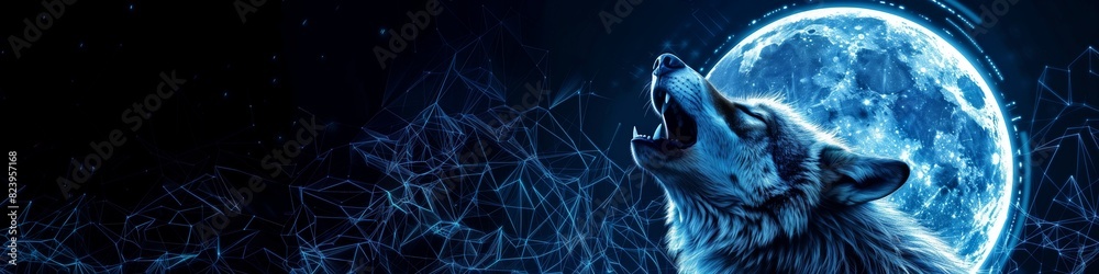 Obraz premium Futuristic Wolf Howling on Dark Aluminate Background with Digital Moonlight