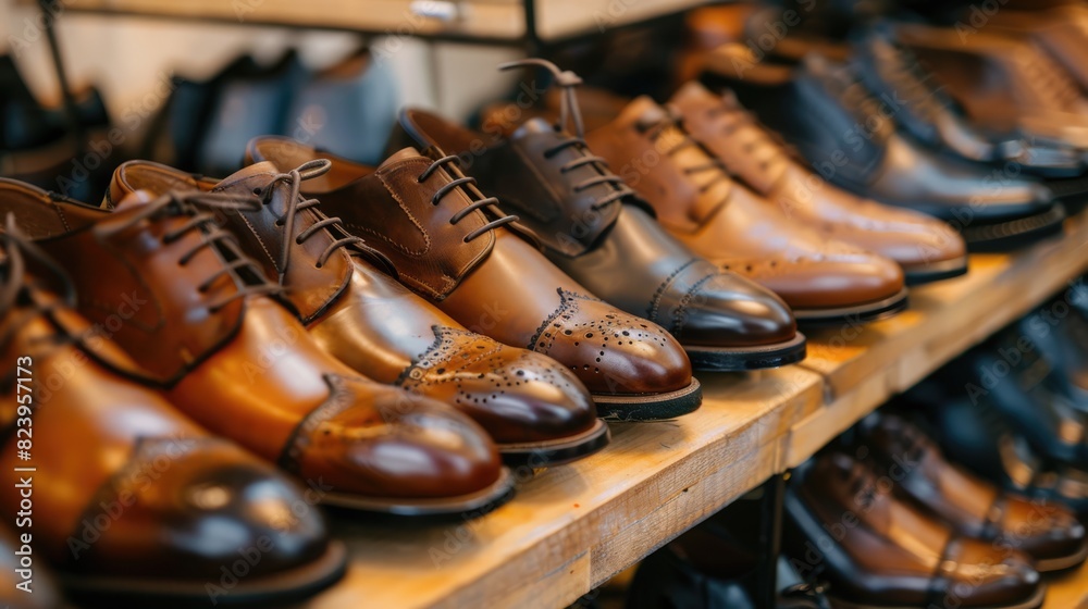 Row of men's classic leather shoes on the shelf on display at a store Row of men's classic leather shoes on the shelf on display at a store