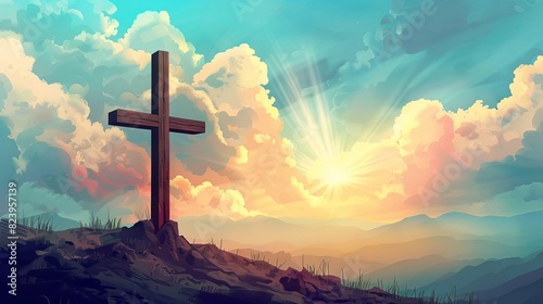 jesus christ holy cross with sky over golgotha hill shrouded in light and clouds illustration