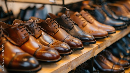 Row of men's classic leather shoes on the shelf on display at a store