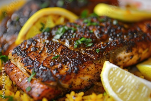 Blackened Fish - Cajun-style Red Snapper on Dirty Rice with Citrus Lemon Garnish