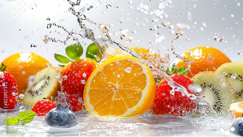 water splashing onto oranges  strawberries  kiwi  blueburry