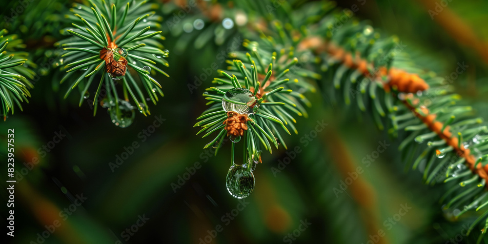 Raindrop Glistening on Pine Needle in Detailed Macro Shot, Macro Serenity