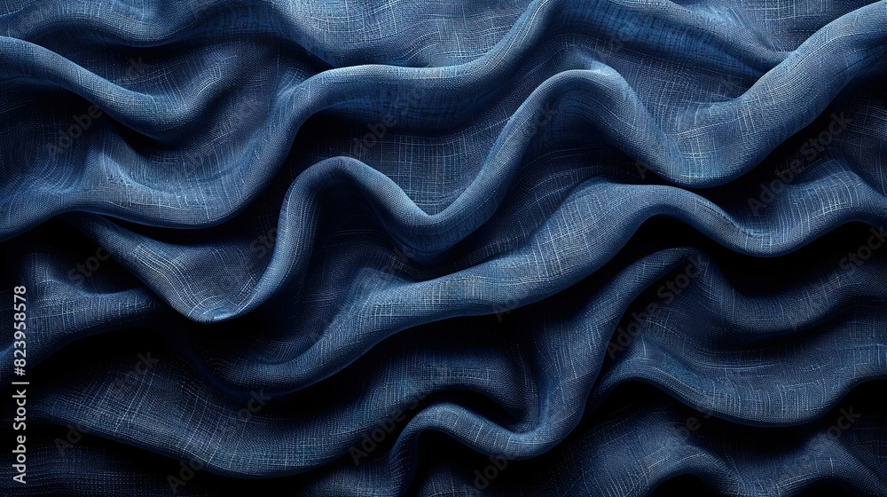 A zoomed-in image of a blue fabric with a wavy pattern on both sides A zoomed-in image of a blue fabric with a wavy pattern on both sides