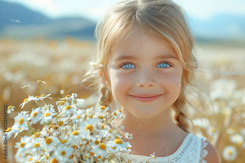 Pretty child girl in field of chamomile flowers. Pretty child girl in field of chamomile flowers.