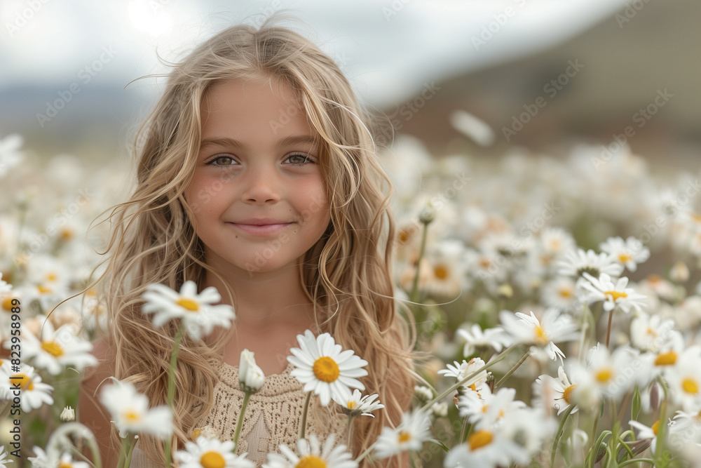 Pretty child girl in field of chamomile flowers. Pretty child girl in field of chamomile flowers.